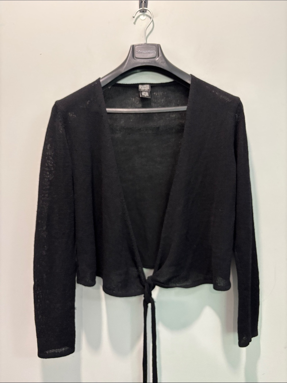 Eileen Fisher Black 100% Wool Tie Front Wrap Cardigan Size M Lightweight - Picture 9 of 16